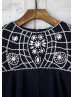 Beaded Short Sleeves Navy Blue Chiffon Knee Length Flower Girl Dress